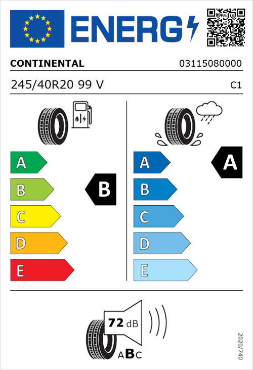Tyre Label for Continental PremiumContact 6 245/40R20 99V