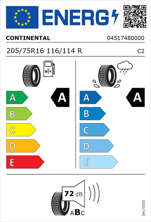 Tyre Label for Continental VanContact Eco 205/75R16 116/114R