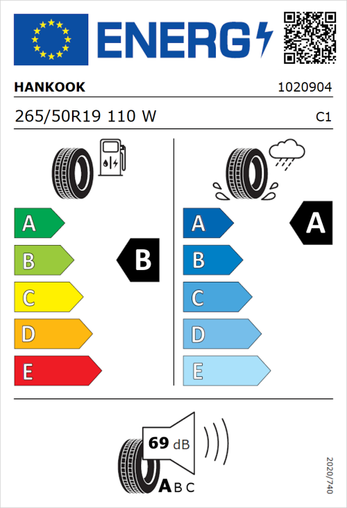 Tyre Label for Hankook Ventus S1 evo3 SUV Runflat (K127C) 265/50R19 110W