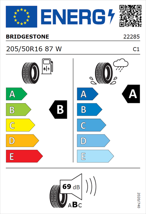 Tyre Label for Bridgestone Turanza 6 205/50R16 87W